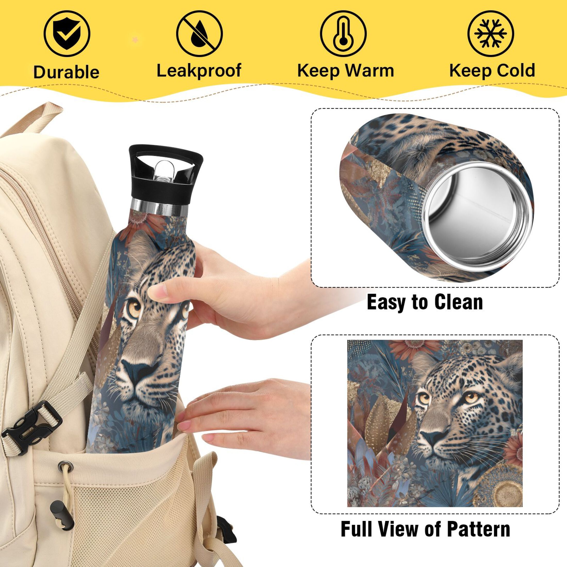 Kids Insulated Stainless Steel Sports Water Bottle 600ml (20oz) Attractive Tiger Head