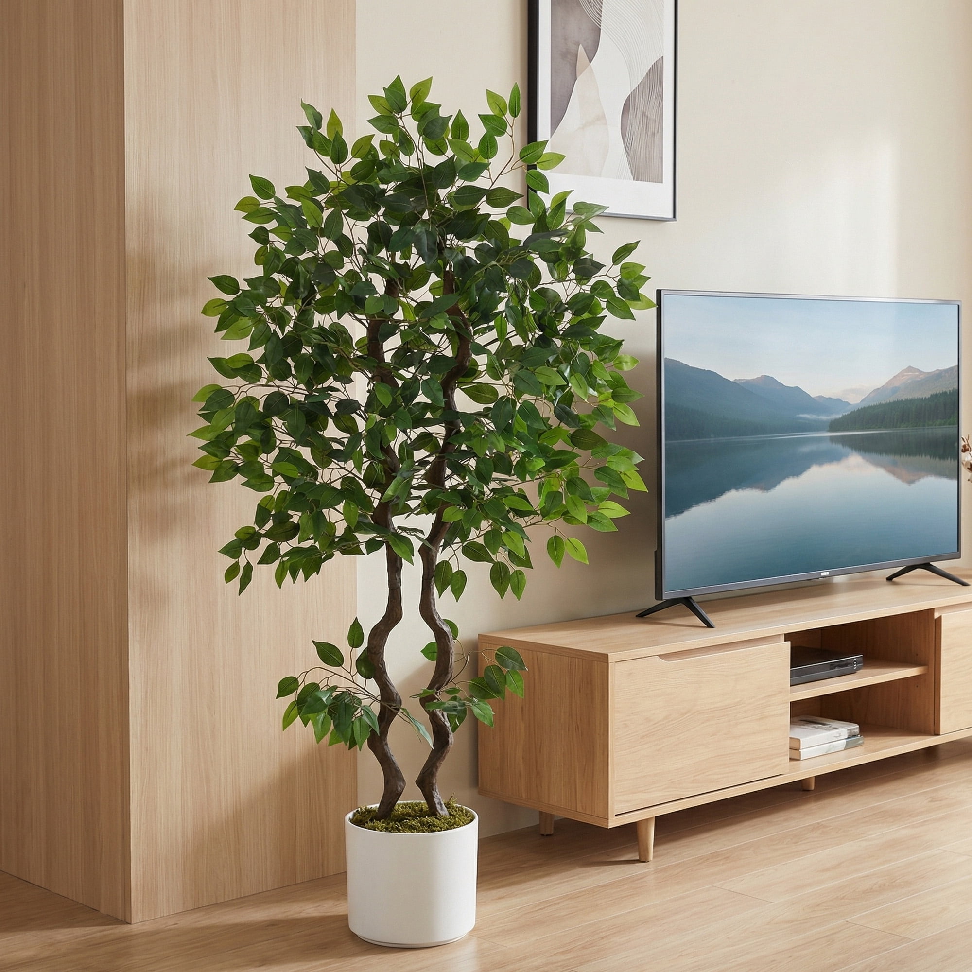 5ft Artificial Ficus Tree, Tall Faux Banyan Tree Floor Plant with Realistic PVC Trunk and Full Dense Foliage, Indoor Home Office Living Room Decor