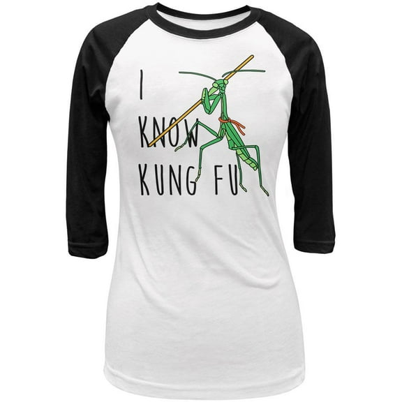 Praying Mantis I Know Kung Fu Juniors 3/4 Sleeve Raglan T Shirt White-Black SM