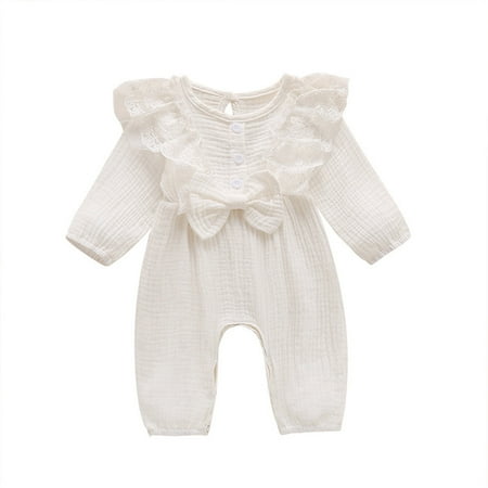 

Vikakiooze Toddler Baby Girls Cotton Long Sleeve Lace Bow Solid Color Comfortable Jumpsuit Romper