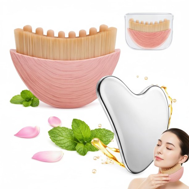 Cepillo facial de contorno linfático con herramienta Gua Sha de acero inoxidable