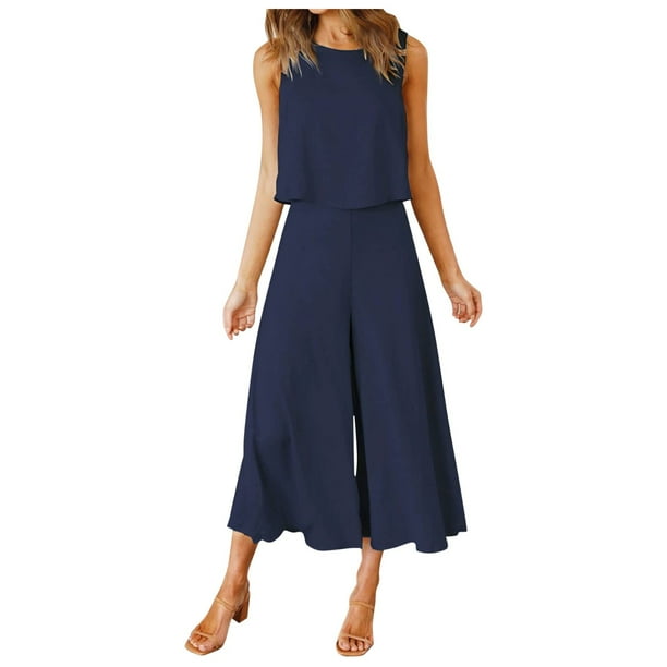 Conjunto de dos piezas de verano para mujer: top sin mangas con cuello redondo y pantalones anchos, traje de poliéster con detalle de botones