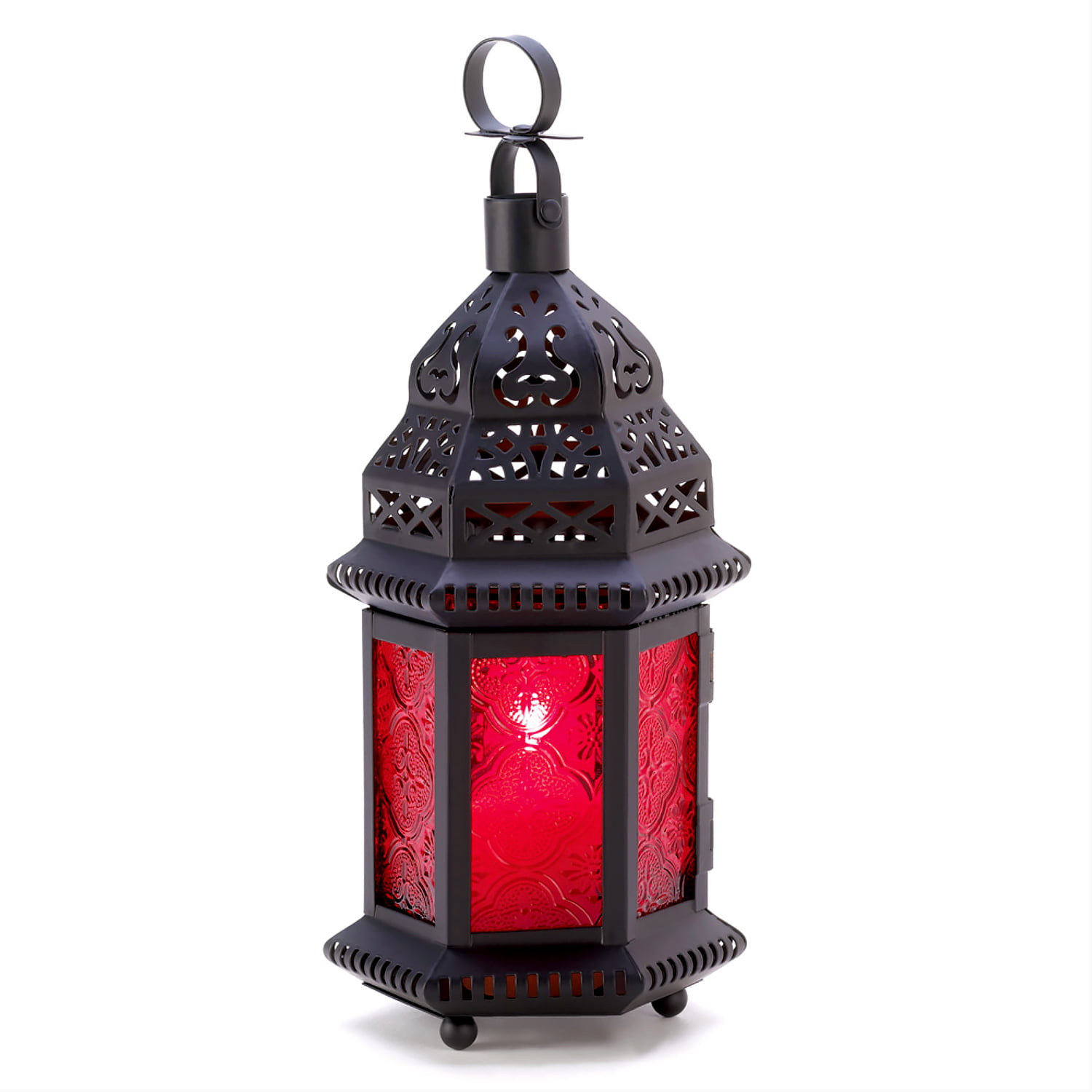 Iron Hanging/Stand Garden Decor Tealight Candle Holder Lantern Red Glass