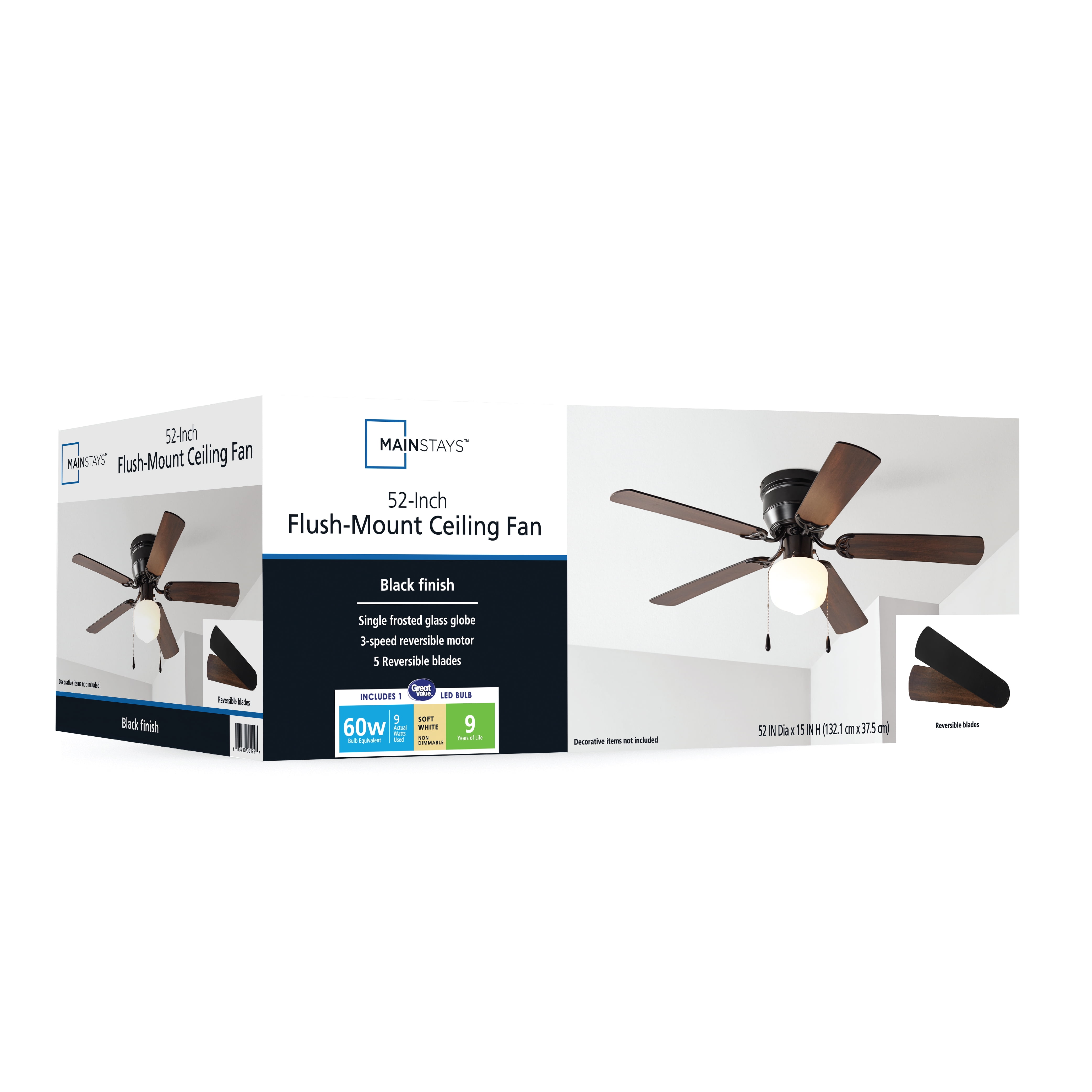 Mainstays 52 inch Hugger Indoor Ceiling Fan with Light Kit, Black, 5 Blades,, Reverse Airflow