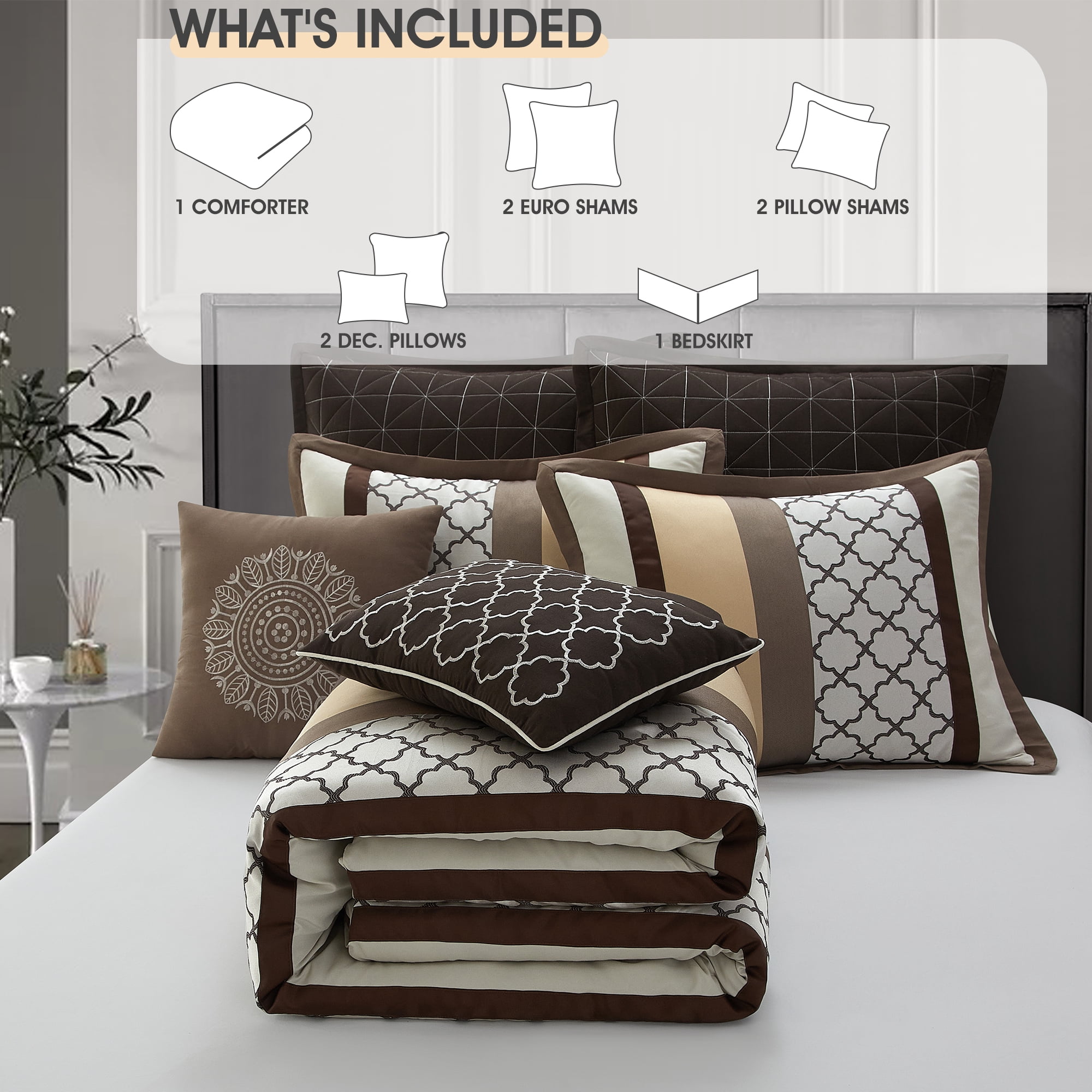 LANCO MODERN LIFESTYLE Queen Comforter Set, Brown Bedding Set, Jacquard Woven with Geometry, 8 Pieces Bed in a Bag, Bed Skirt, Shams and Decorative Pillows