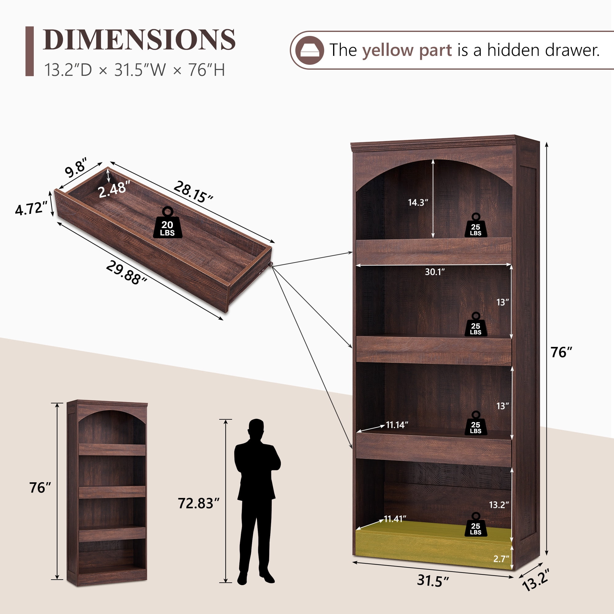 SinCiDo 76" Tall Arched Bookcase w/Hidden Magnetic Lock Drawer at the Bottom, 4-Tier Large Open Bookshelf w/3 Pull-Out Drawers for Living Room, Office