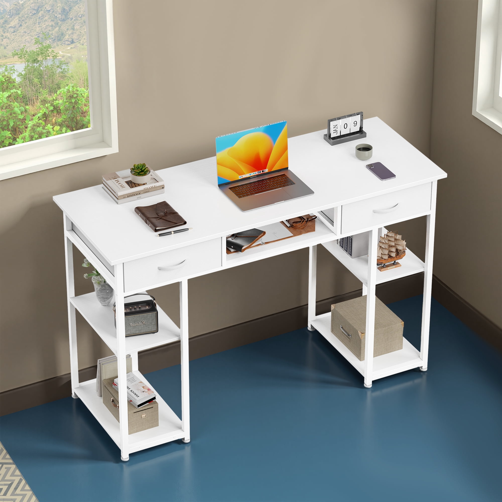 MAYEERTY 48in Adjustable Small Computer Desk, Metal Writing Study Table with Storage and Headphone Hook, Home Office