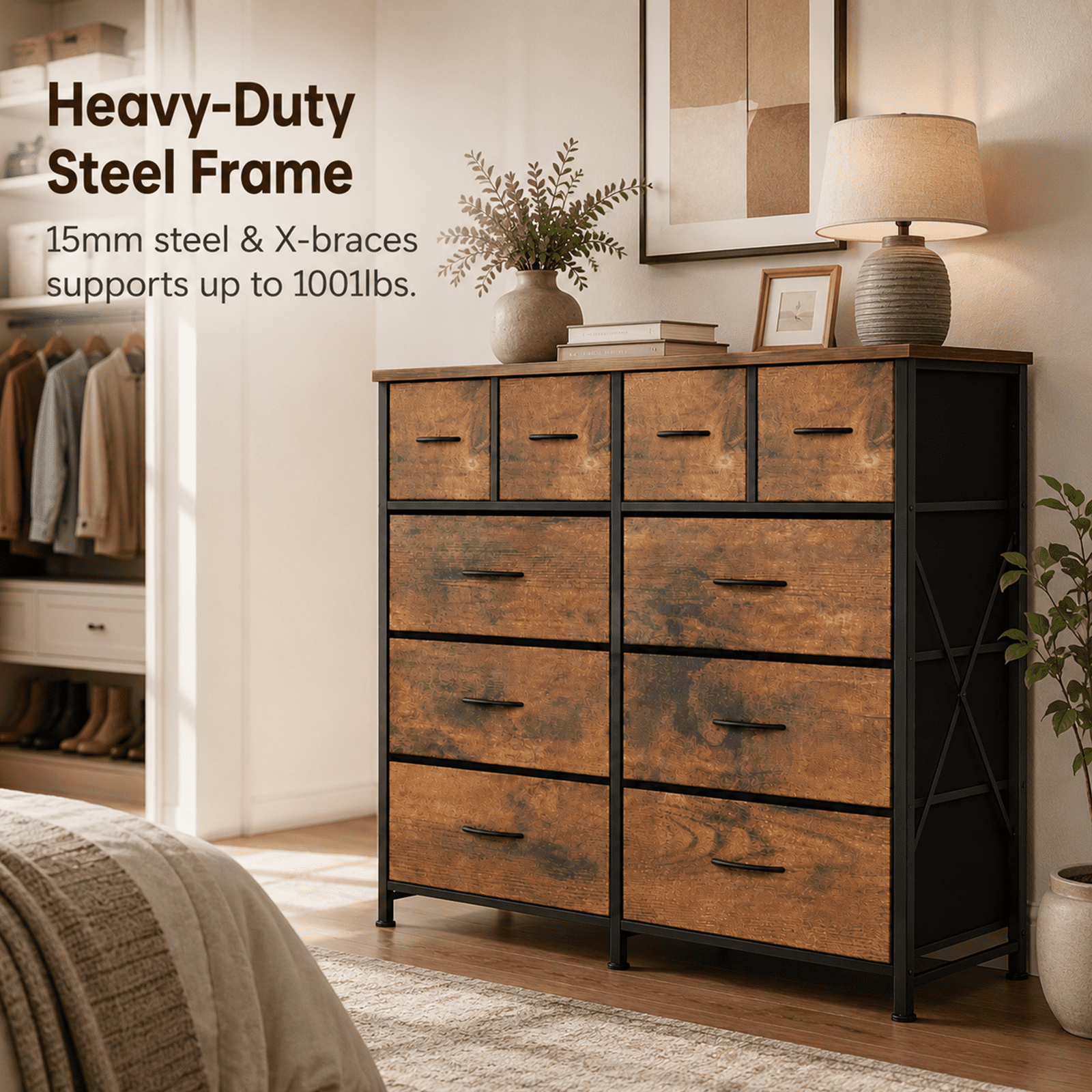 Alvantor 12-Drawer Dresser, Fabric Storage Tower for Bedroom, Hallway, Entryway, Closet, Tall Chest Organizer Unit with Fabric Bins, Steel Frame, Wood Top, Easy Pull Handle