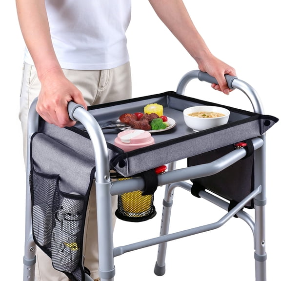 Walker Tray with Cup Holder & Side Pocket – Hard Top Walker Table for Seniors – Folding Walker Accessory for Meals, Reading, Drinks – Non-Slip Surface, Tool-Free Install, Universal Fit