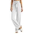 thumbnail image 3 of Nugftut Women's Cotton Linen Wide Leg Pants with Lace Trim Drawstring Elastic High Waist Flowy Trousers with Pockets Summer Beach Vacation, 3 of 6