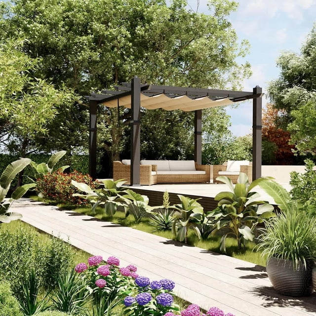 Bingirl Pavillon Extérieur en Métal 10 X 10 Pi avec Auvent Rétractable - Résistant aux UV, Kaki