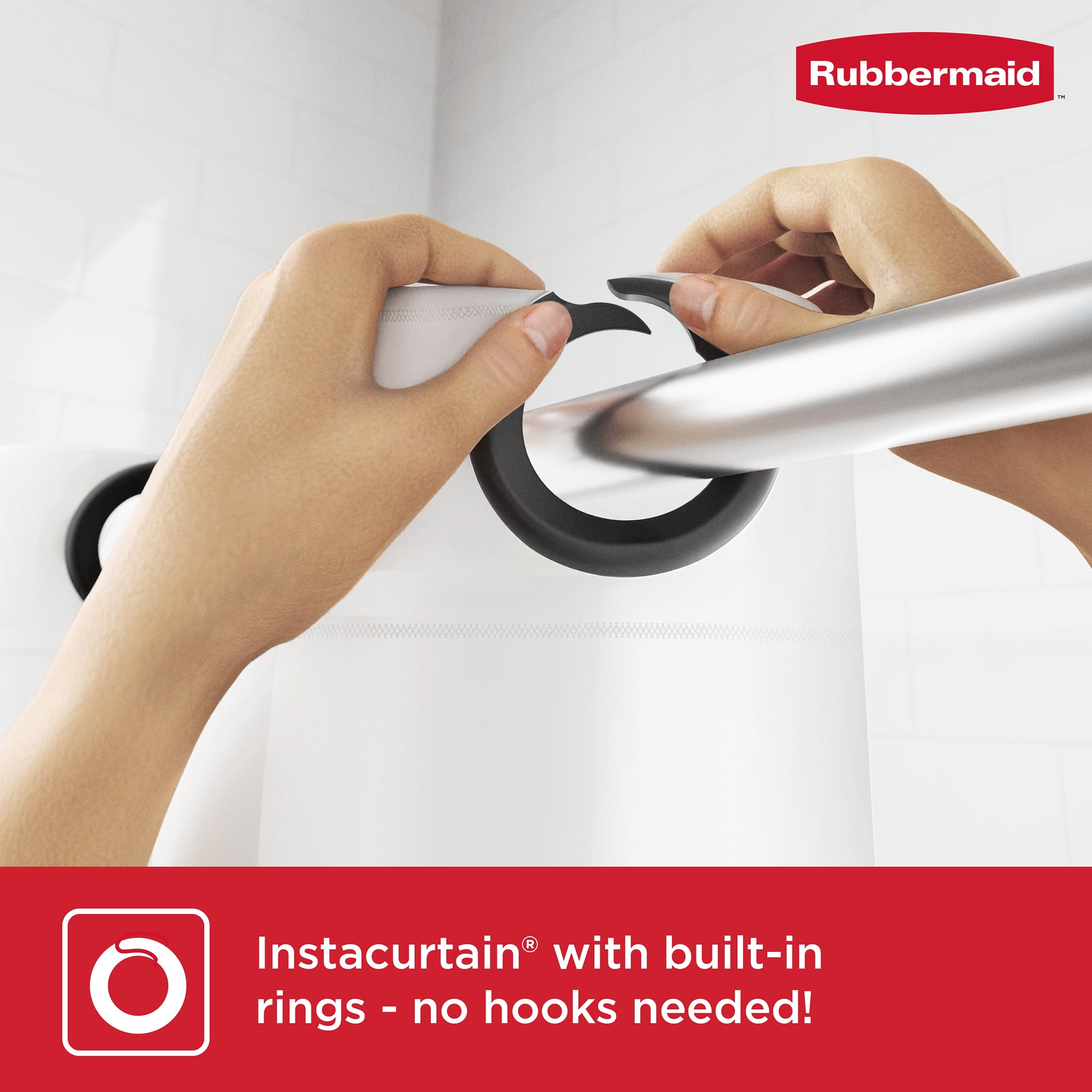 Rubbermaid Frosty No Hook 3-in-1 Waterproof Heavyweight PEVA Instacurtain Shower Curtain with Weighted Magnets and Rustproof Black Rings, 71” x 74”