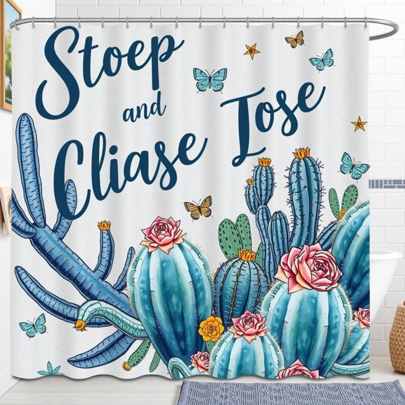 Vibrant Blue Cactus Shower Curtain with Flowers & Butterflies - "Stoep and Cliase Jose"