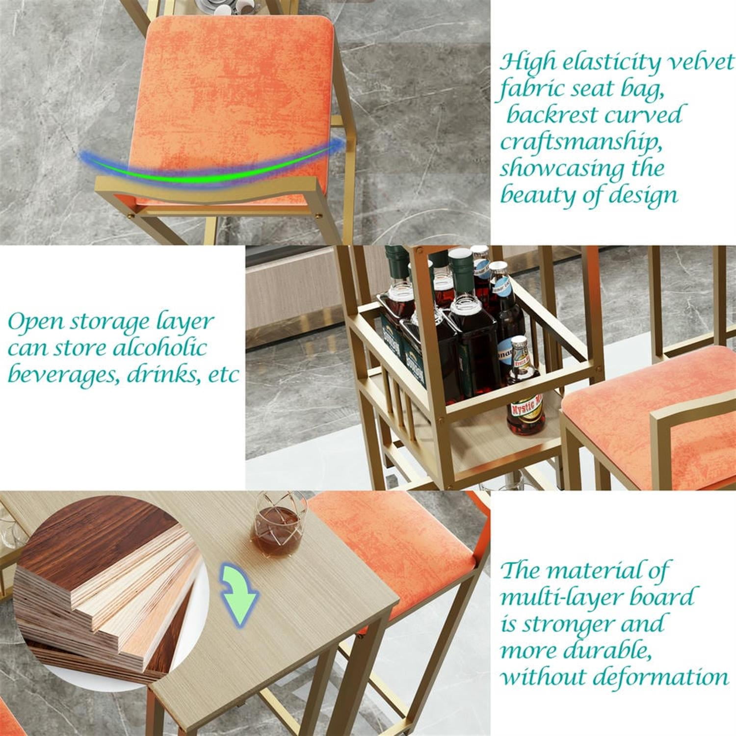 Demi Bonn 5-Piece Dining Table Set with 4 Upholstered Bar Stools and Storage, Kitchen Bar Table Furniture Sets for Dining Room, Apartment, Orange