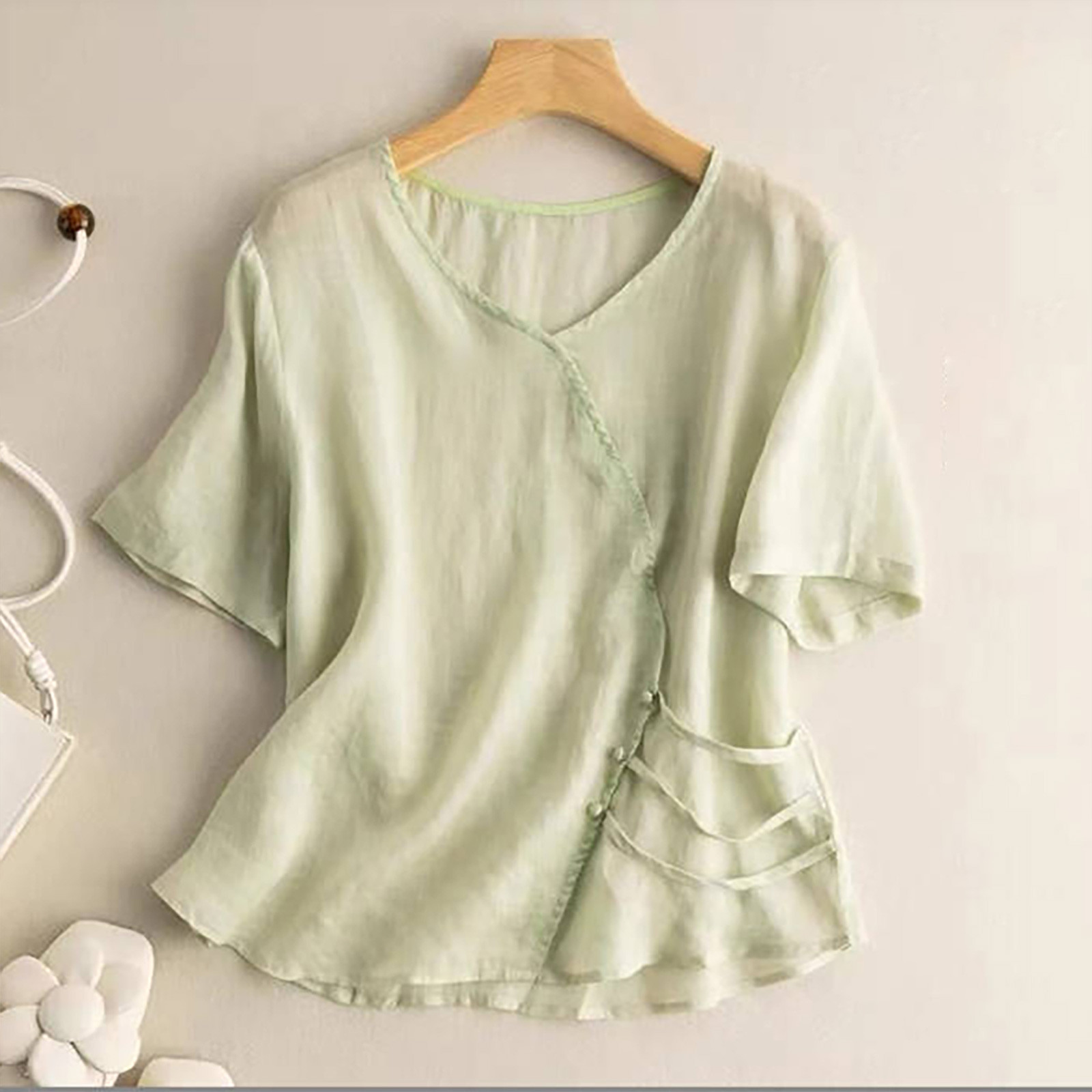 Chemisier Femme Manches Courtes Coton-lin – Haut Décontracté Bureau – T-shirt Grande Taille – Avec Poche – Couleur Unie