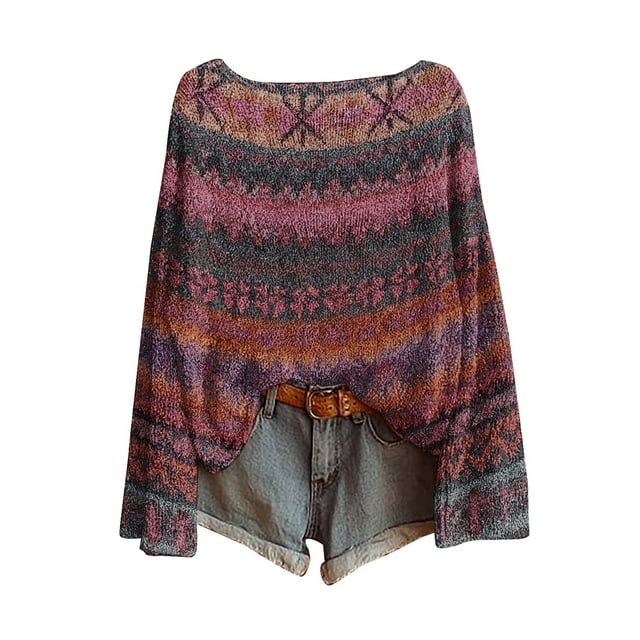 WTXUE Chandail Rétro Fair Isle pour Femmes Imprimé Art Vintage Col Rond Léger Boho Tops Graphique Ethnique Tribal Court Tricoté Manches Longues Épaules Tombantes Chandail Rose Vif G