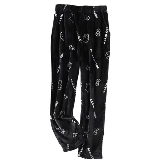 Sanrio-pantalones de pijama de Hello Kitty para mujer, pantalón de franela negra, Kawaii, de lana blanca, de dibujos animados, informal, para el hogar, moda de otoño, regalos