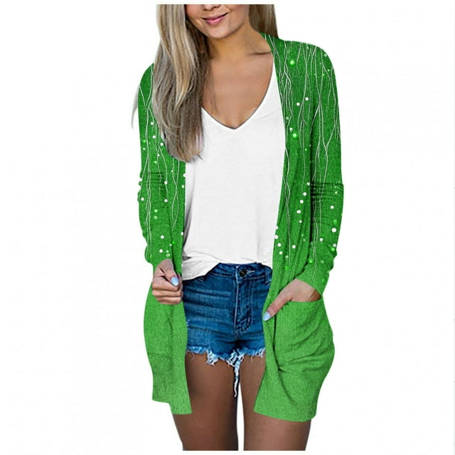Économies d'Automne! srobpty Cardigan à Manches Longues pour Femmes, Mode Décontractée, Imprimé, avec Poches, Vert, TG