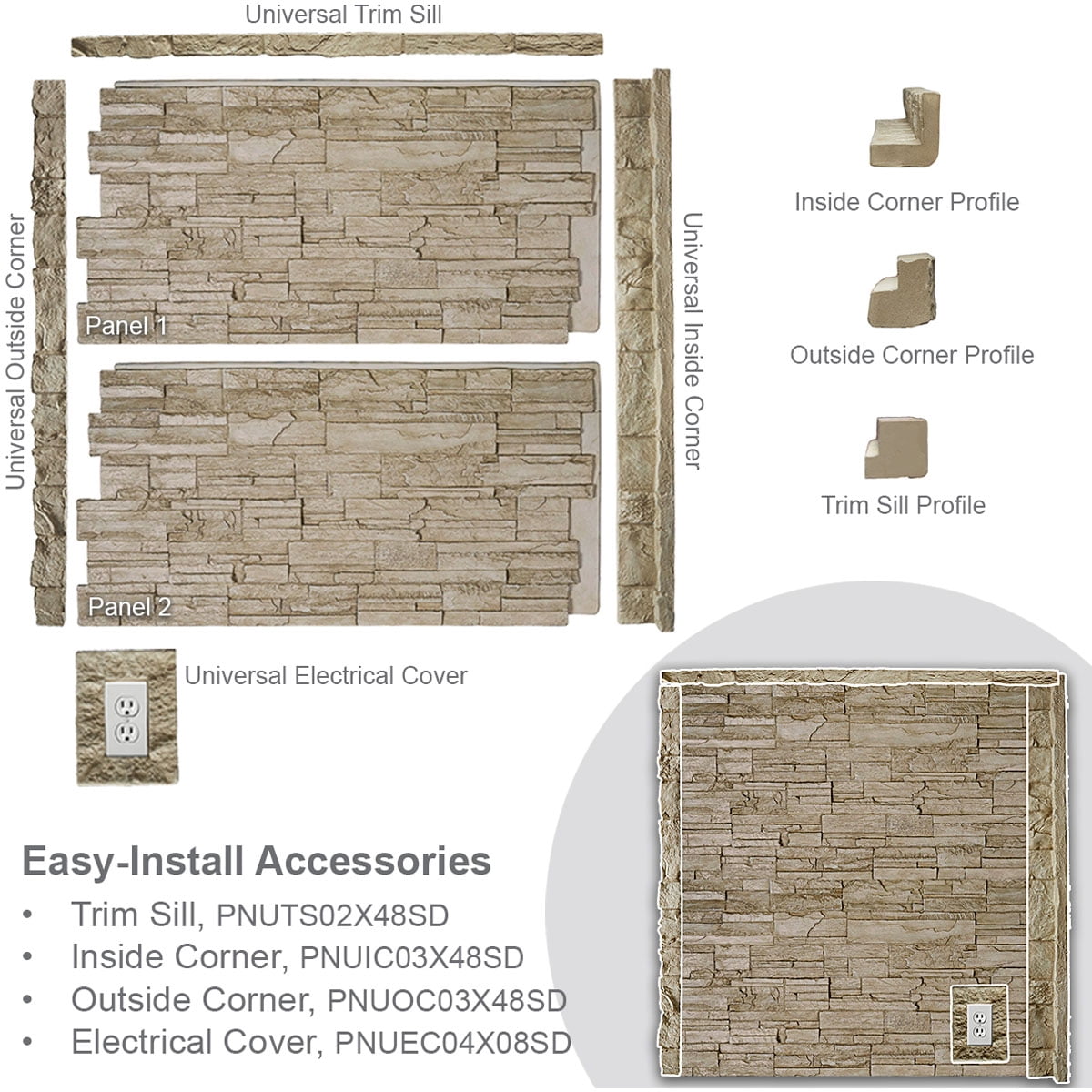 Ekena Millwork 3"W x 3"D x 48"H Universal Outside Corner for StoneWall Faux Stone Siding Panels, Smokey Ridge