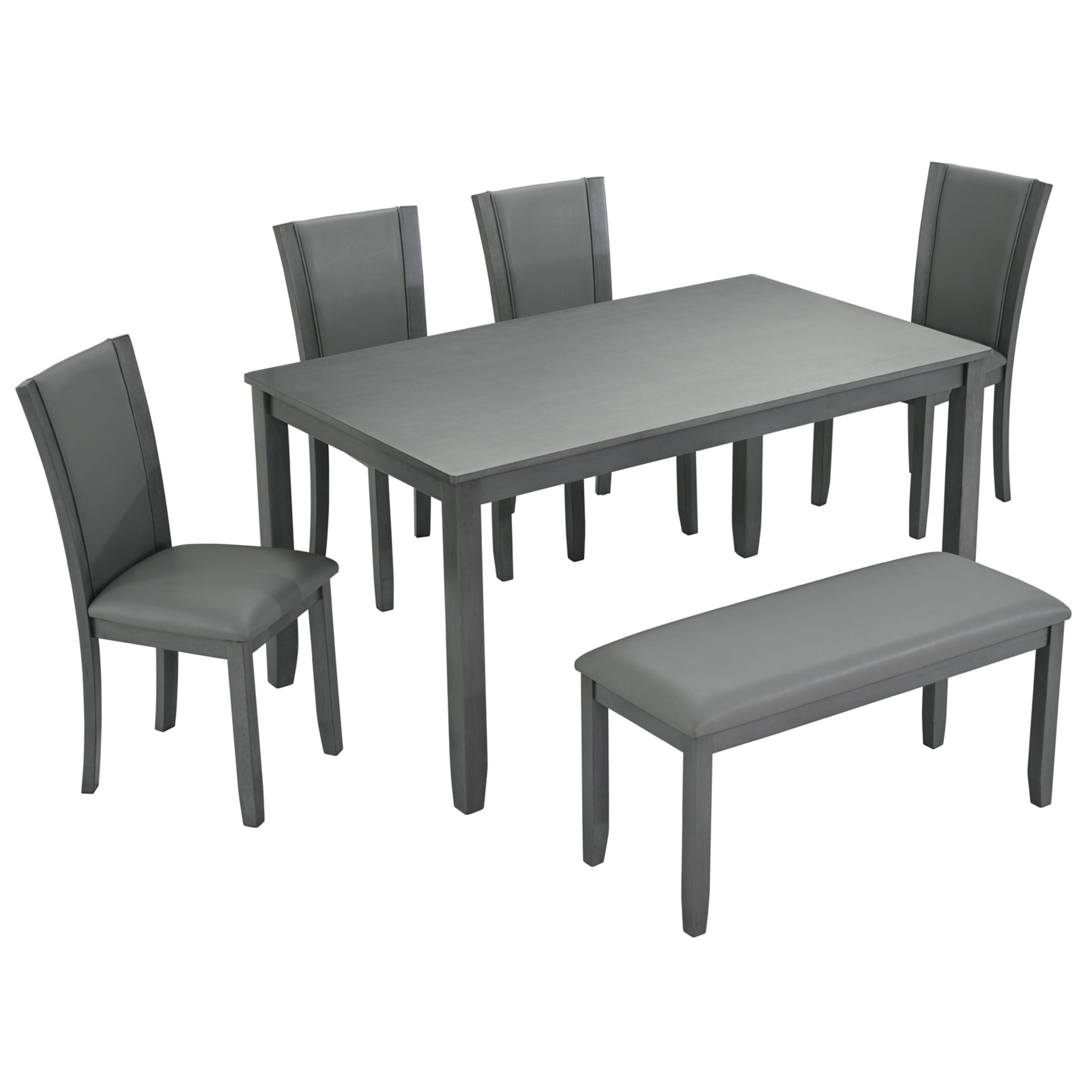 Noble House Modern Dining Table Set for 6 with Bench and Leather Upholstered Chairs, Wood Frame, Gray