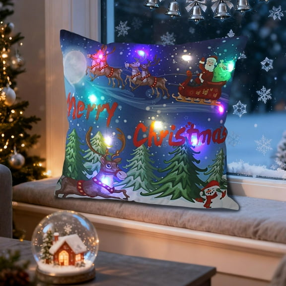 HOARBOEG Christmas LED Pillows with Flashing Lights, 15.74*15.74in Holiday Light Up Throw Pillows for Sofa Decor, 2 Mode Switching Christmas Gift, Santa Reindeer Printed Pillowcases, Battery Powered