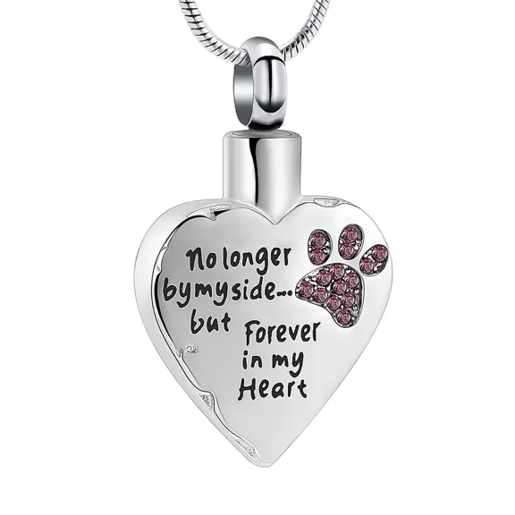 Vintage Stainless Steel Paw Print Heart Urn Pendant Pet Memory Necklace for Dog Cat Cremation Ashes Holder Memorial Jewelry - No Longer by My Side But Forever in My heart