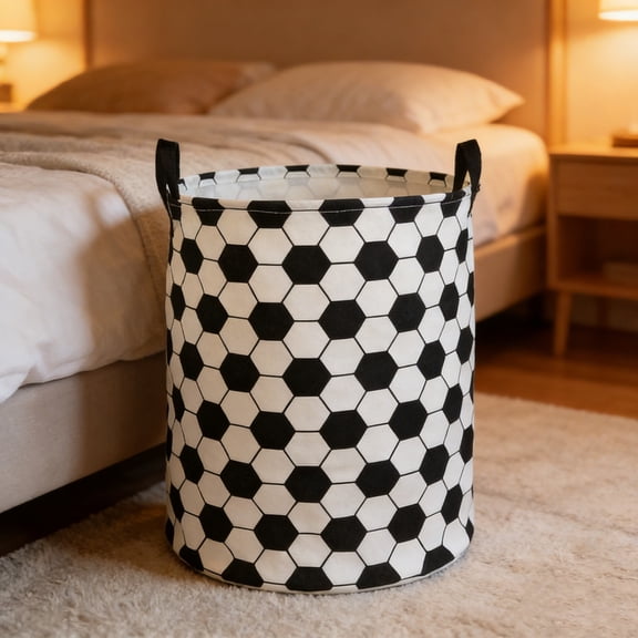 Soccer Print Foldable Laundry Basket, Large Capacity Waterproof Fabric Hamper with Handles for Bedroom, Bathroom, Dorm, Kids Room, Collapsible Dirty Clothes Storage Bin