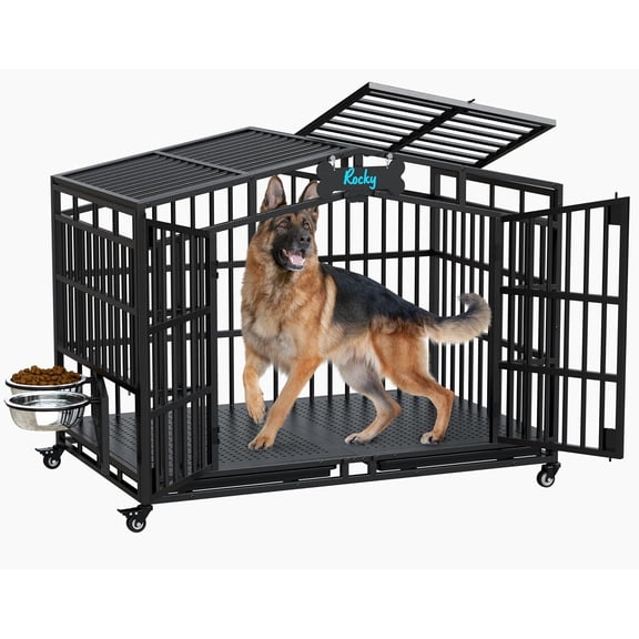 POAO 48"Heavy Duty Indestructible Dog Crate, Extra Large Metal Dog Kennel with 2 Adjustable Bowls, Open Top & Lockable Wheels, Escape Proof Indoor Cage for High Anxiety Big XL Dogs