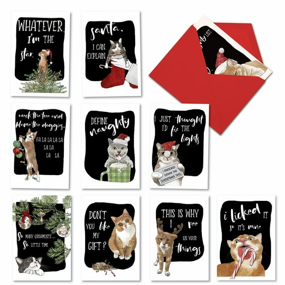10 Assorted Set Hysterical Christmas Greeting Cards - Holiday Cat Antics - Mischievous Xmas Felines in Festive Situations