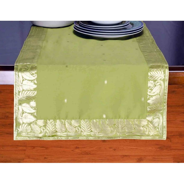 Olive Green Hand Crafted Table Runner (India) 18 X 108 Inches