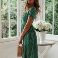 thumbnail image 3 of Women Dress Small Flower Print Patchwork A-line Flowy Hem Square Neck Short Bubble Sleeves Pleated Shirring Dating Vacation Midi Dress -Green,S, 3 of 8