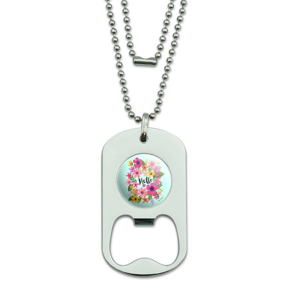 Hello with Pretty Flowers Military Dog Tag Bottle Opener Pendant