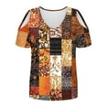 thumbnail image 5 of Cold Shoulder Tops for Women Summer Tunic Short Sleeve Cute V Neck Floral Blouses Classic Flowy Casual Shirts (S, Brown 1), 5 of 7