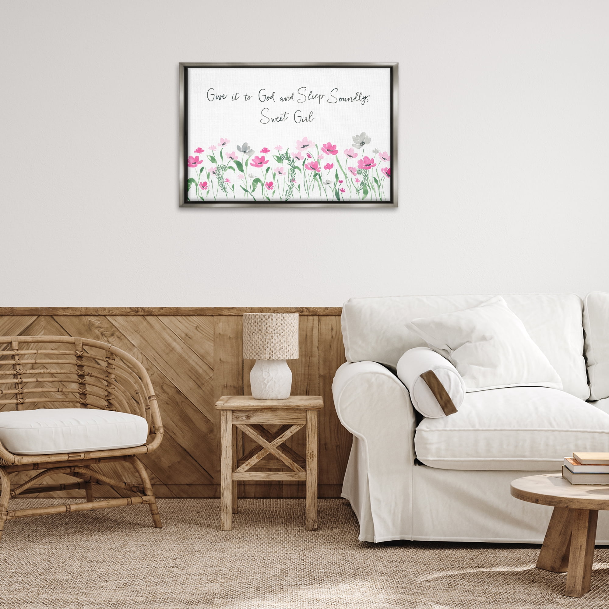 Stupell Industries Sleep Soundly Sweet Girl Plants & Flowers Painting Gray Floater Framed Canvas Art Print Wall Art, 31 x 21