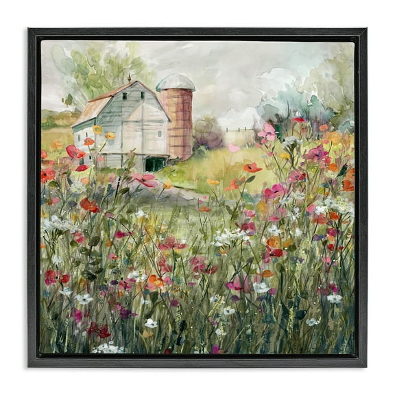 Stupell Industries Vibrant Meadow & Barn Botanical & Floral Painting Black Floater Framed Canvas Art Print Wall Art, 18 x 18
