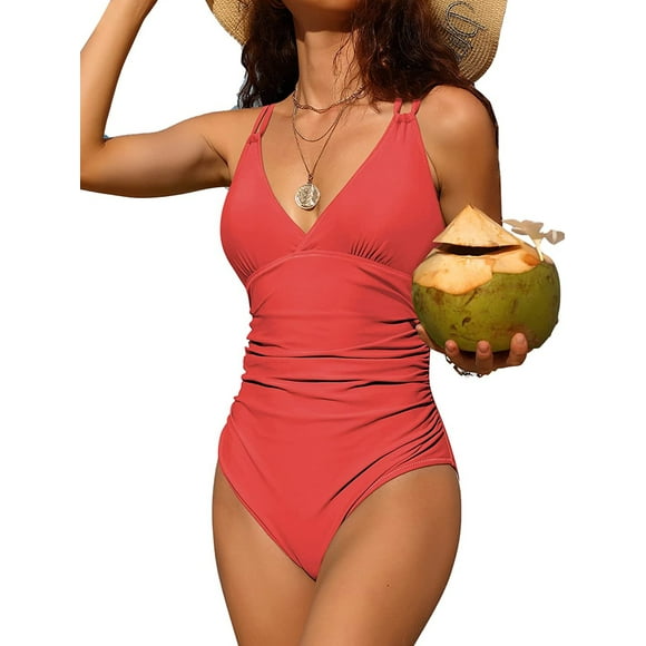 Charmo Womens V Neck One Piece Swimsuits Ruched Tummy Control Monokini Bathing Suits