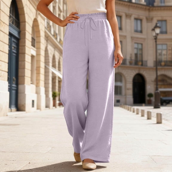 Women's Wide Leg Beach Pants Elastic Waist Lightweight Casual Flowy Palazzo Lounge Trousers with Pockets Purple 2XL