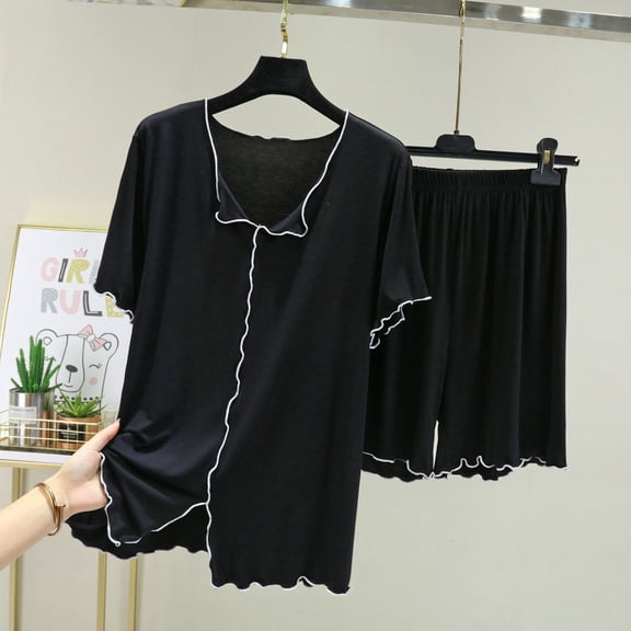 LIZUOJUN Lightweight Breathable Pajamas for Women V Neck Ruffle Trim Short Sleeve Shorts Soft Knit Sleepwear Loungewear 2 Piece Set Summer Spring Warm Weather - L