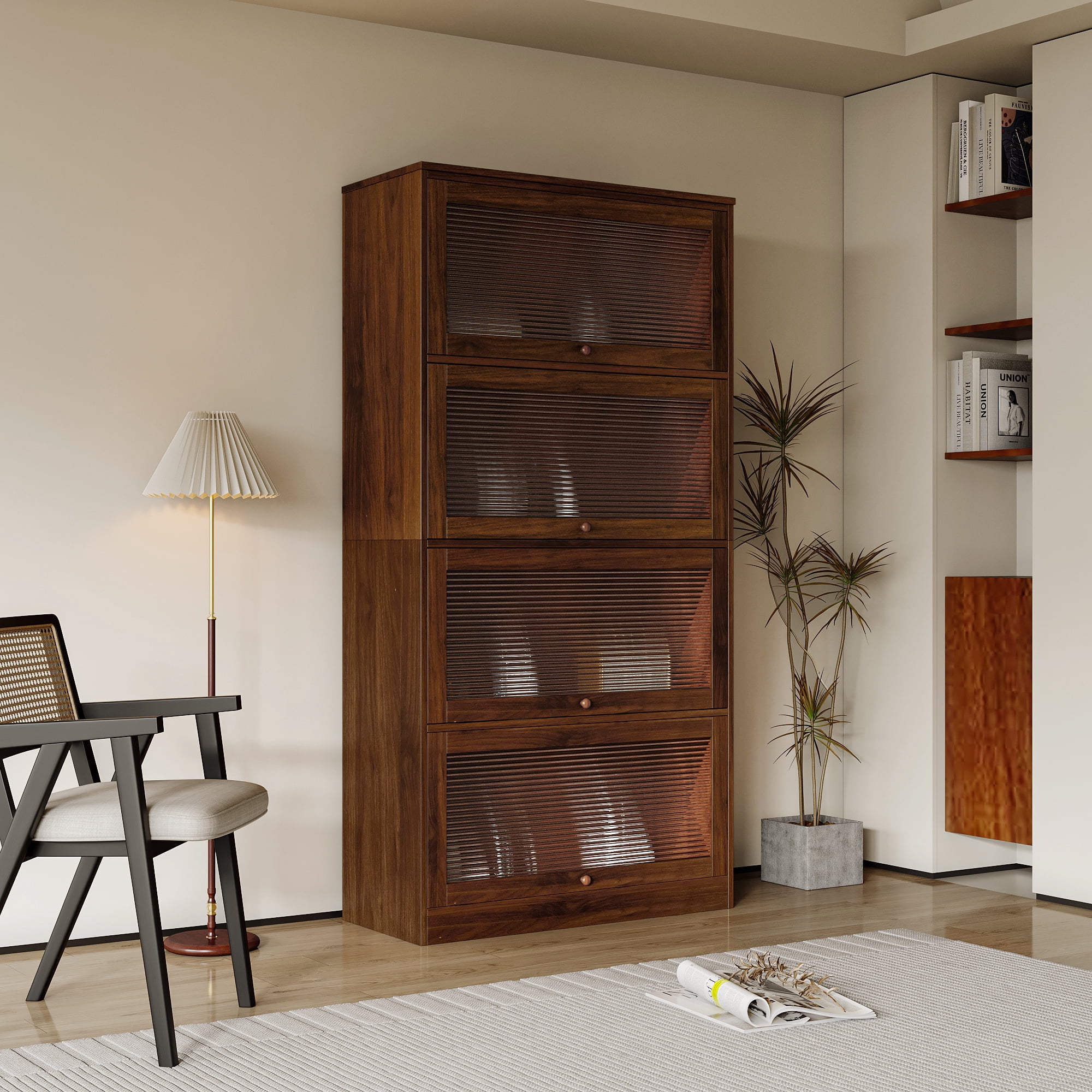 Contemporary Bookcase with Glass Doors Dustproof Storage Cabinet Floor Standing, White