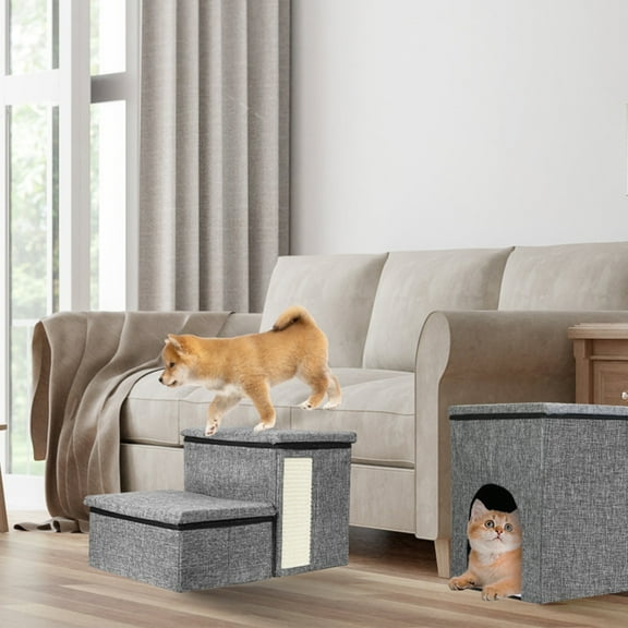16.54"H Dog Stairs with Storage Box & Condo for Bed & Couch, 4 in 1 Adjustable Pet Cat Stairs Steps with Cat Scratcher for Small Older Dogs Cats, 3-Step