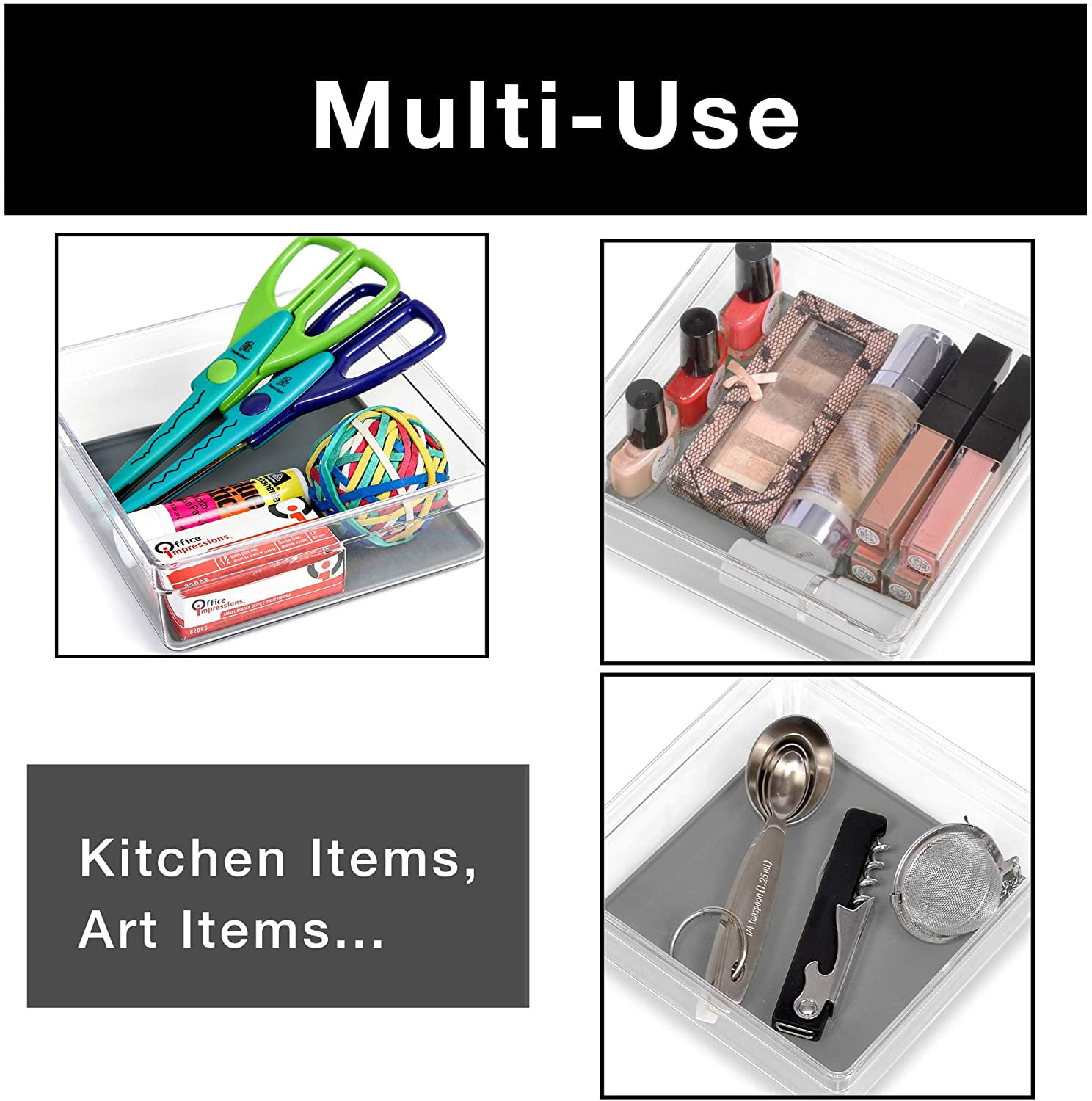 Smart Design Plastic Drawer Organizer - Set of 6 - 6 x 6 Inch - Silicone Bottoms - BPA Free - Utensils, Silverware, Organization - Kitchen - Gray