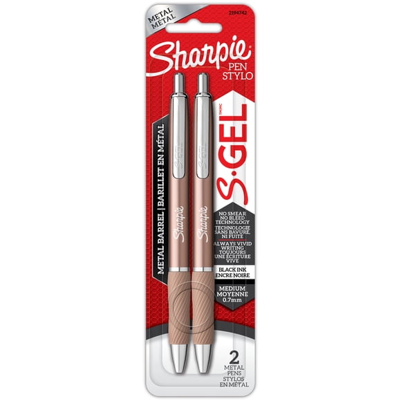 Stylos à encre gel Sharpie S-Gel, barillet en métal élégant, fini champagne, pointe moyenne (0,7 mm), encre noire, paquet de 2