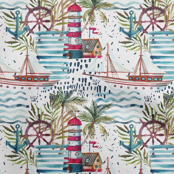 oneOone Polyester Spandex Teal Green Fabric Ocean Lighthouse Dress Material Fabric Print Fabric By The Yard 56 Inch Wide