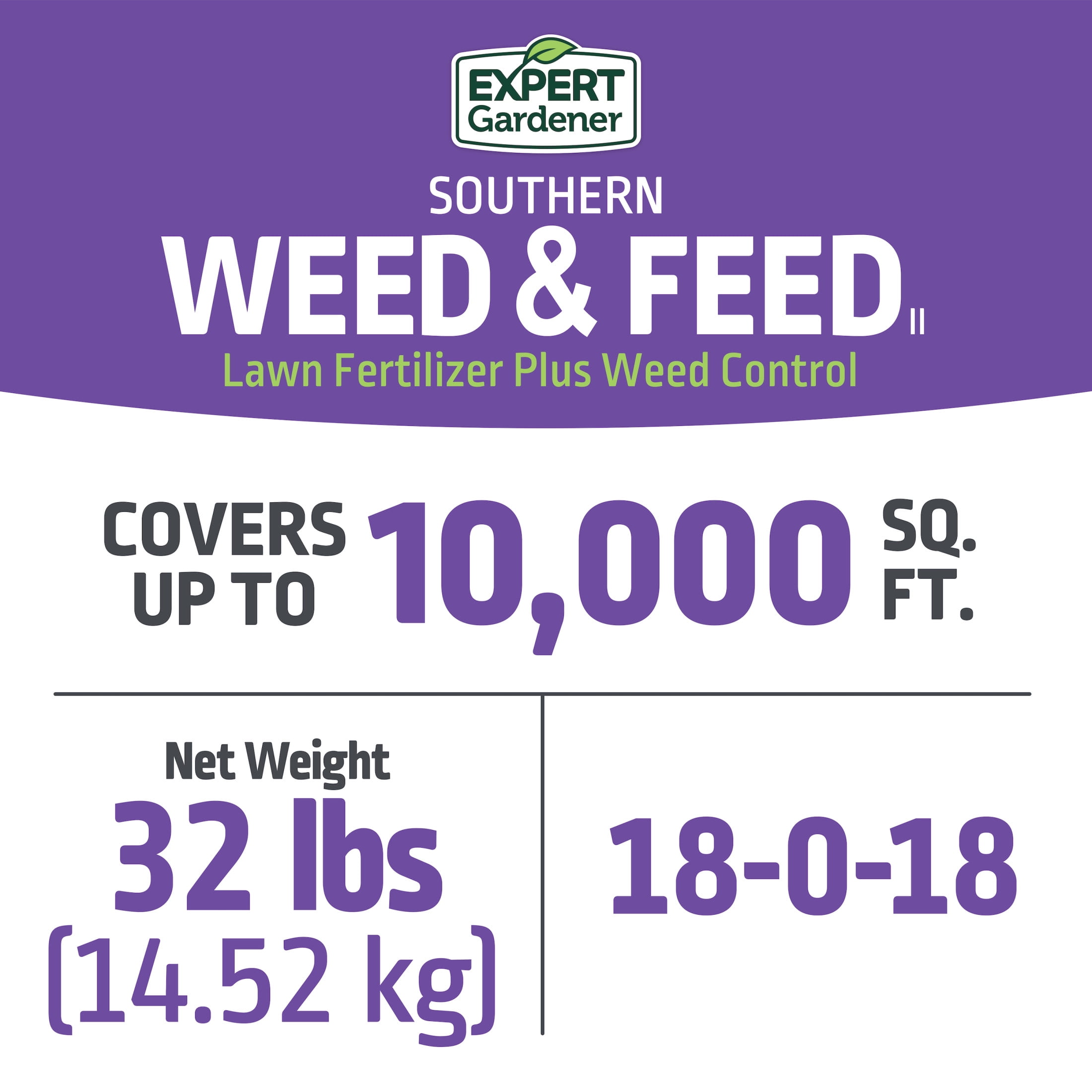 Expert Gardener Southern Weed & Feed Lawn Fertilizer & Weed Control, 32 lb, Covers Up to 10,000 sq ft