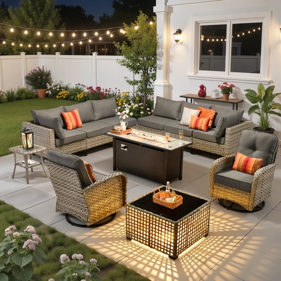 Ovios 11 Pieces Patio Furniture Set All-Weather Wicker Outdoor Sectional with 54" Fire Pit, Swivel Chairs & Solar Table