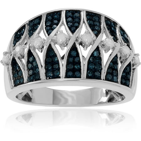Brinley Co. Women's 1 Carat T.W. Round Cut Blue and White Diamond Sterling Silver Wide Fashion Ring