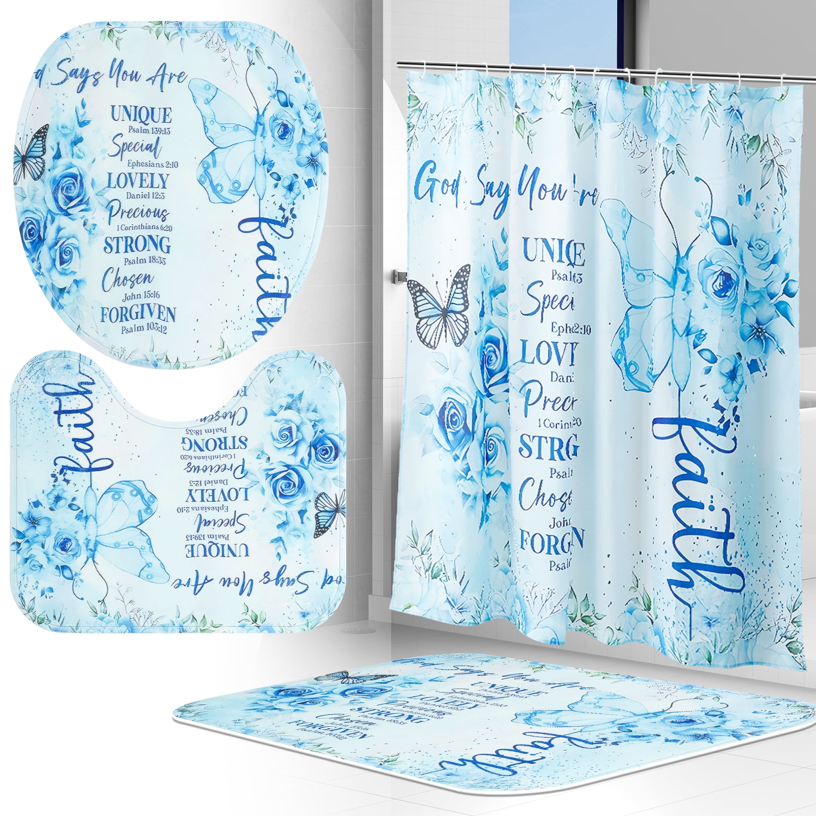 Dznils Blue Floral Shower Curtain Sets with Rugs, 16pc Butterfly Bathroom Curtain Set, 72" x 72"