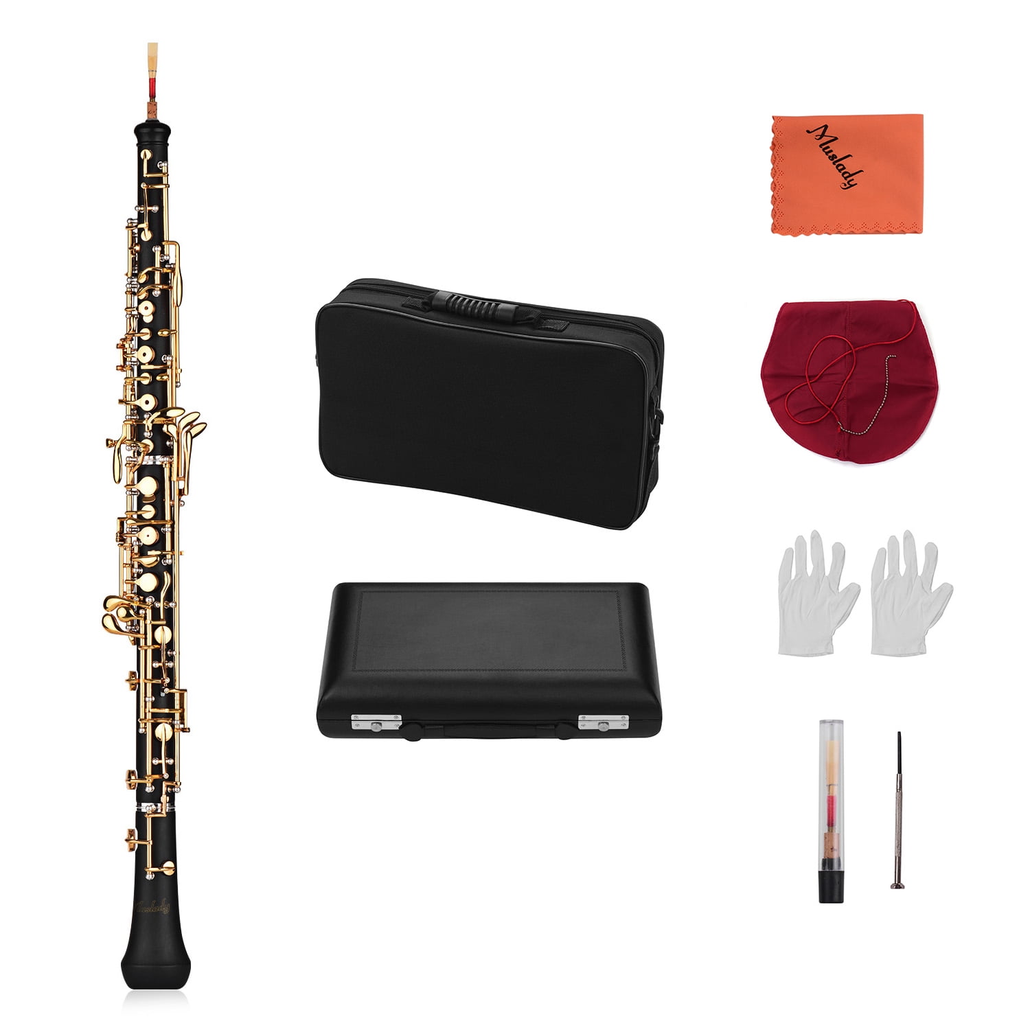 Muslady C Key Oboe Semi-automatic Style with Oboe Reed Leather Case Carry Bag Neck Strap Cleaning Cloth Mini Screwdriver 
