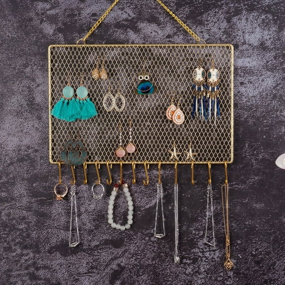 New Rectangular Metal Mesh Jewelry Hanging Rack, Wall Decoration, Item Storage, Display Stand for Earrings, Pendants, Necklaces