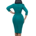 thumbnail image 4 of DYMADE Women Elegant V-Neck 3/4 Sleeve Ruffle Beaded Slim Waist Bodycon Dress, 4 of 4